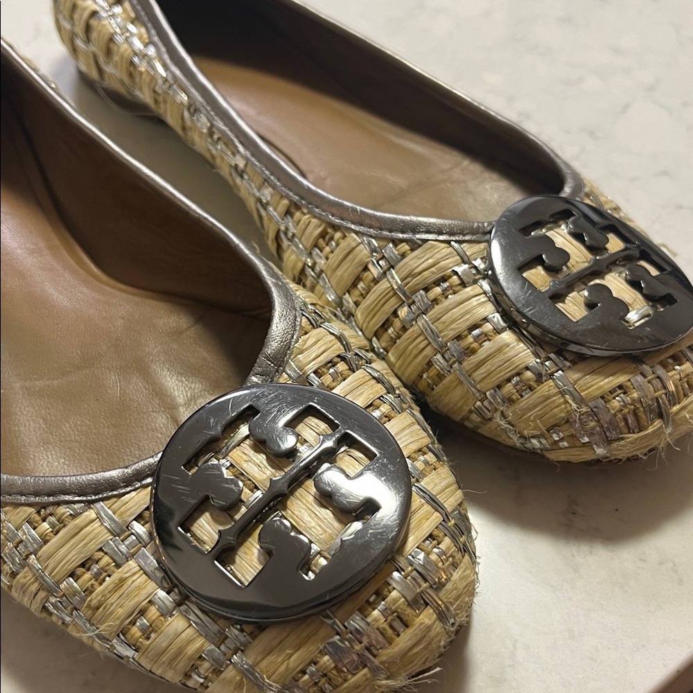 Tory Burch Woven Beige and Metallic Flats - Picture 2 of 8